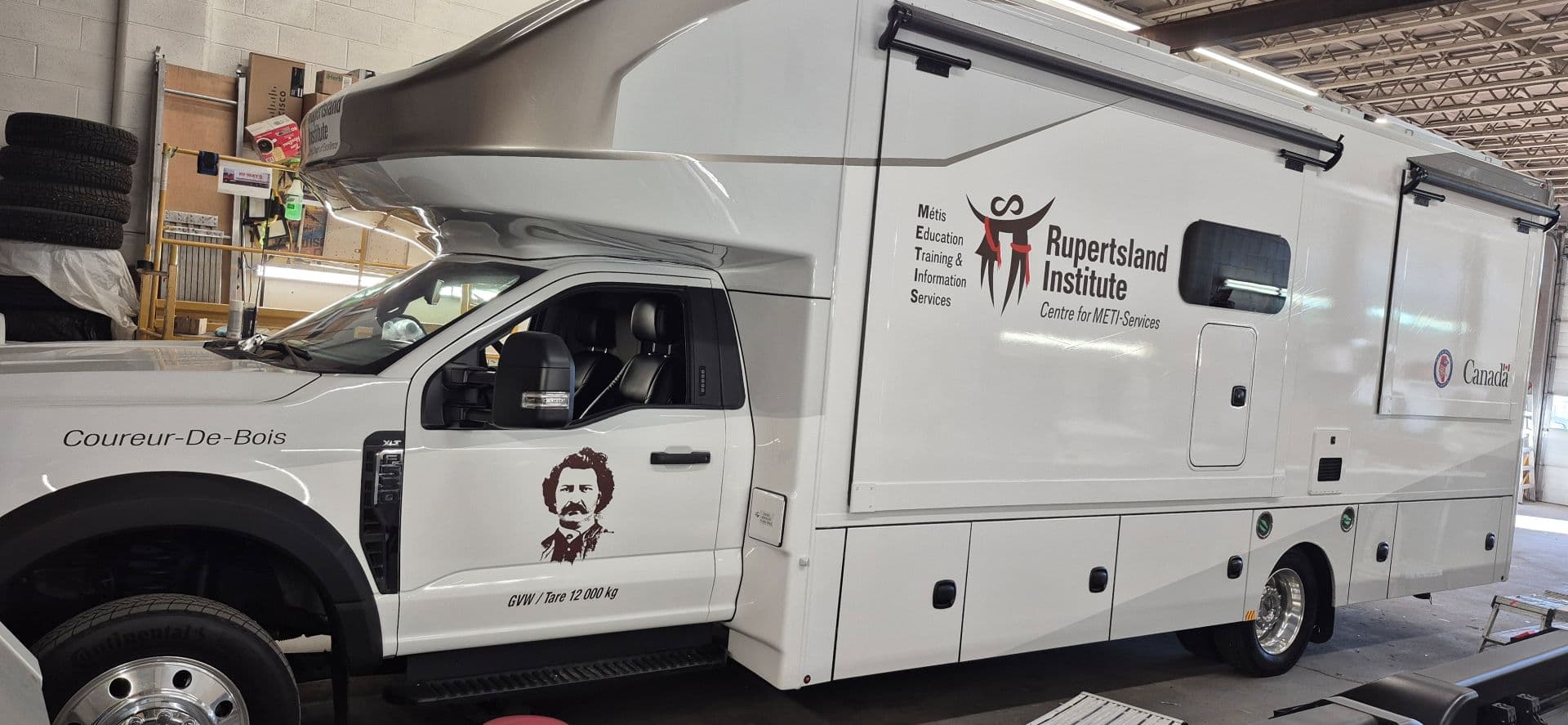 Illustration of a service van with branding, QR code, and contact details